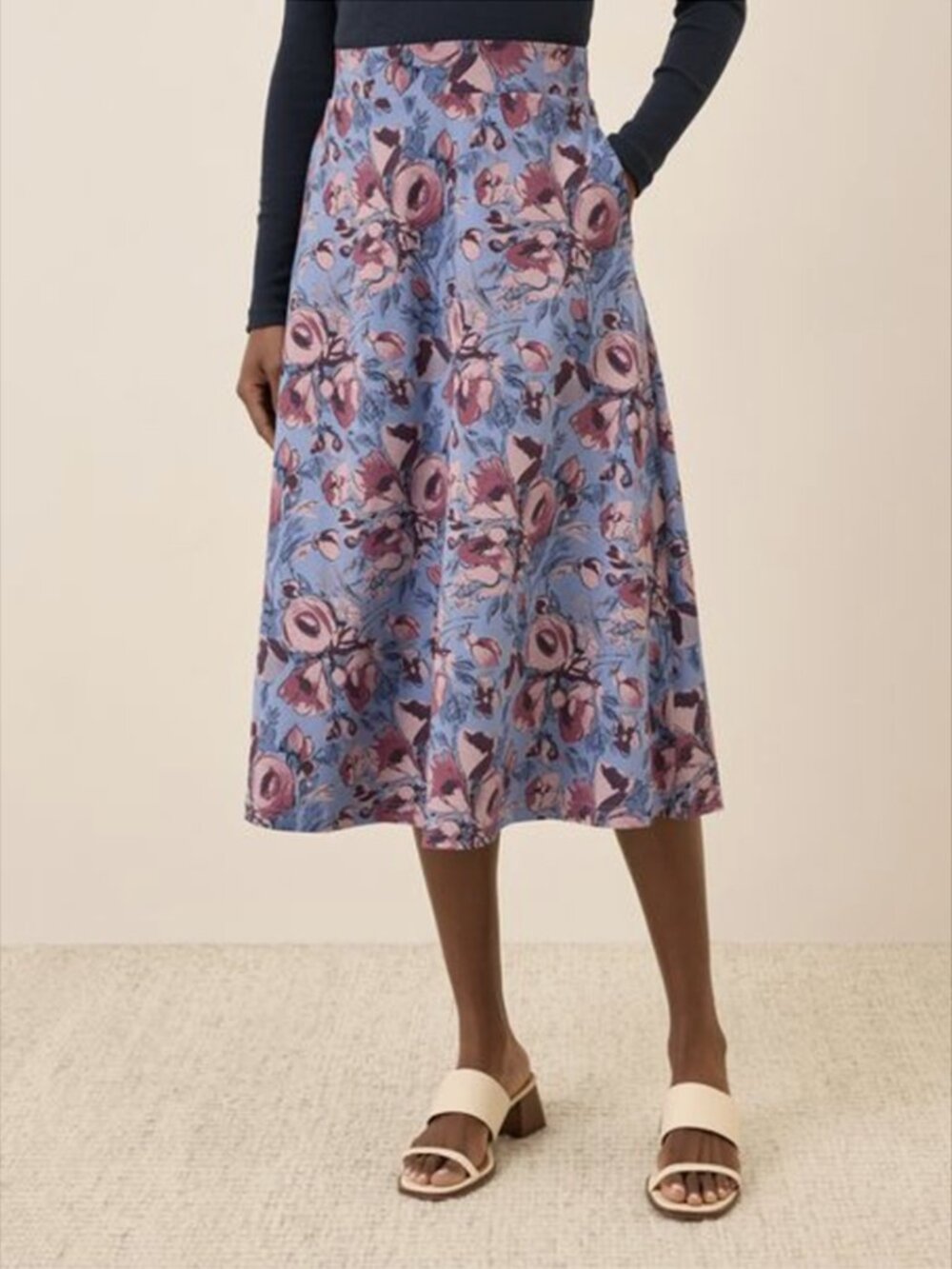 Pact Womens Fit & Flare Midi Skirt M Floral Blue Pink Organic Cotton Pockets